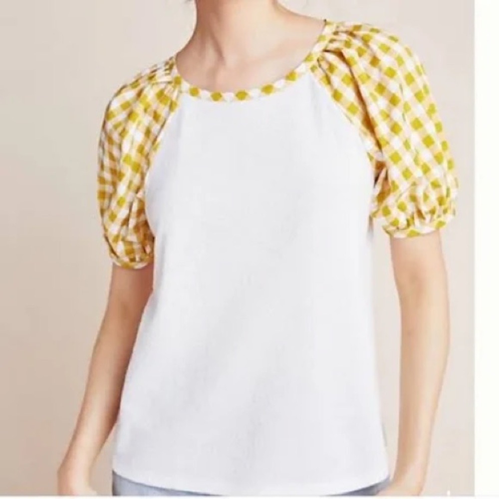 Anthropologie Sunday In Brooklyn Yellow Gingham Puff Sleeve Blouse Size XS CB101